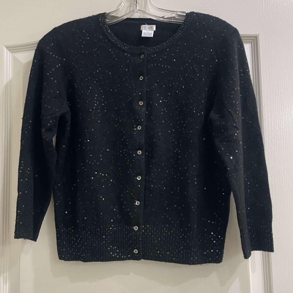 Beautiful Sequin Trim 100% Cashmere L/S Button Front Cardigan Black Size L